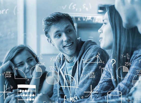 university students with maths images overlaid